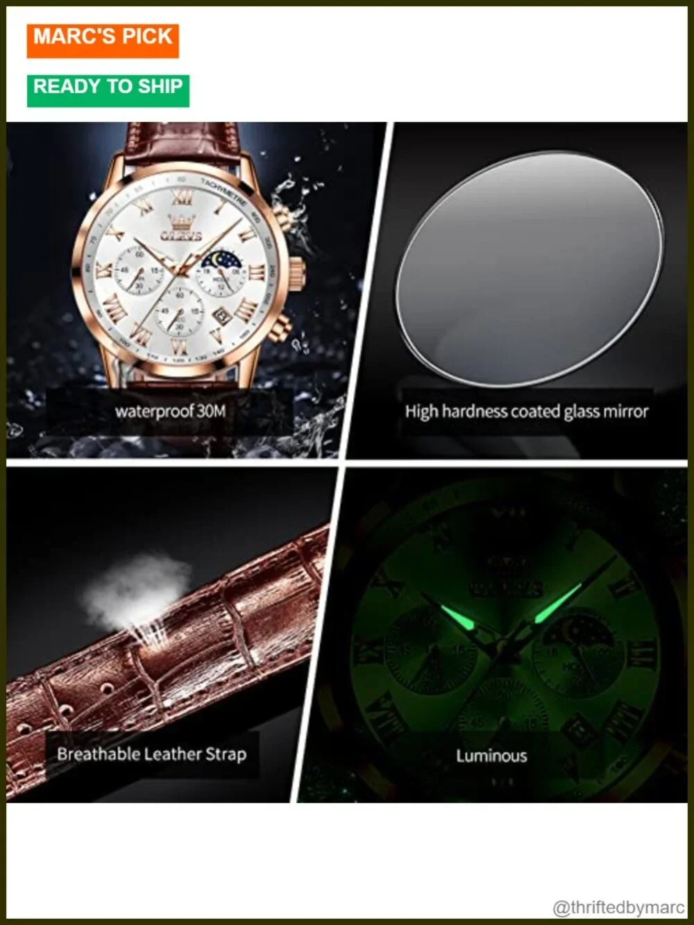 Leather Chronograph Wristwatch with Date, Luminous, Water Resistant
